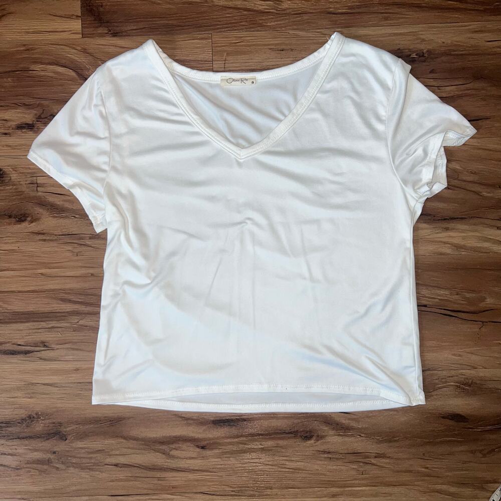Olivia Rose White V-Neck Short Sleeve Soft Crop Too Tee Staple T-Shirt Large